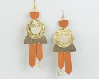 Leather Earrings in Calf Hair, Orange & Gold Genuine Salvaged Recycled Dangle Drop Geometric Artisan Statement Unique Animal Print