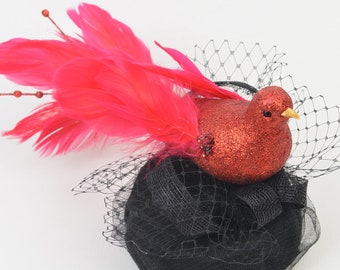 Pillbox Headpiece with Red Glitter Feathered Bird and Black Tulle Veil Statement Cocktail Party Burlesque Fashion Headwear Wedding