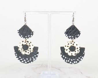 Statement Earrings in Polka Dot Back and White Genuine Salvaged Recycled Leather Dangle Drop Fabric Textile Jewellery Artisan Feminine