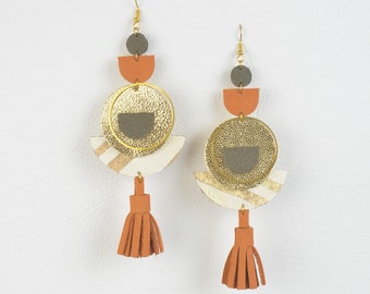 Leather Earrings in Orange and Calf Hair & Gold Genuine Salvaged Recycled Dangle Drop Geometric Artisan Statement Unique Animal Print