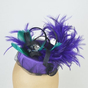 Pillbox Hat in Purple with Vintage Jewels, Emerald Feathers and Black Twirls and Veil Hen Night Occasion Headwear Gothic Burlesque Pin Up image 1