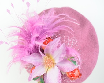 Beret Hat in Pink Feathers, Flowers and Pomegranates, French Style Vintage Pin Up Burlesque, Hair Accessory Rockabilly Winter Fashion