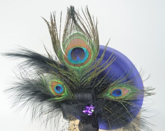 Headpiece Hat Purple with Peacock and Black Feathers Vintage Jewels, Fashion Burlesque Pin Up Rockabilly Occasion Show Girl