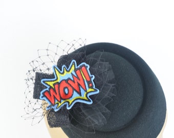 Headpiece Hat Comics "Wow!" with Black Veil Mini Fascinator Geek Nerd Girl, Kawaii, Hen Party, Cute Girls Fashion