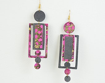 Leather Earrings in Pink, Grey & Gold Genuine Salvaged Recycled Dangle Drop Geometric Artisan Statement Unique Animal Print