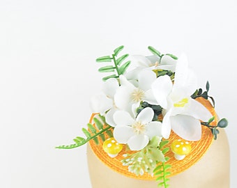 Headpiece Cocktail Hat with White Orchid Silk Flowers and Yellow Mushrooms Floral Crown Wedding Bridal Hair Accessory Kawaii Woodland