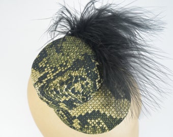 Mini Cap Hat Headpiece in Black & Snake Print with Black Feathers and Leather Button Hen Night Occasion Headwear Gothic Burlesque Pin Up