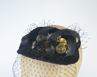 Fascinator Headpiece in Black Lace with Vintage Gold Buttons and Veil Statement Hen Night Headwear Gothic Burlesque Pin Up Punk Rock