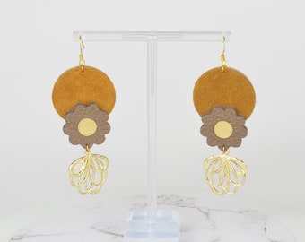 SALE!  Flower Earrings in Caramel and Gold Genuine Salvaged Recycled Leather Dangle Drop Fabric Textile Jewellery Artisan Feminine Cute