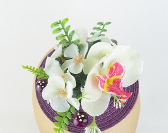 Headpiece Cocktail Hat with White Orchid Flower and Purple Mushrooms Floral Crown Cocktail Wedding Bridal Hair Accessory Kawaii Woodland