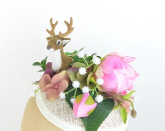 Headpiece Cocktail Hat with Beautiful Deer, Silk Flowers and Cascading Foliage, Party Statement Hair Accessory Woodland Fairycore Kawaii