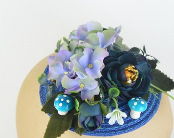 Headpiece Cocktail Hat with Deep Blue Silk Flowers and Cute Mushrooms Floral Crown Cocktail Wedding Bridal Hair Accessory Kawaii Woodland