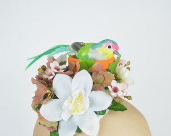 Headpiece Fascinator Cocktail Hat with Bright Feathered Bird in Nest and Silk Flowers in White Pink Orange Fairy Wedding Bridal Hair Clip