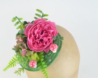 Headpiece with Pink and Green Silk Flowers and Cute Mushrooms Floral Crown Cocktail Wedding Bridal Hair Accessory Kawaii Woodland Fairy