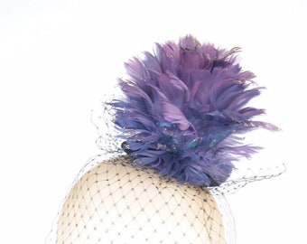 Fascinator Headpiece Feathered with Purple Blue Flower with Gold Glitter and Black Cascading Veil - Statement Showgirl Cocktail Party Hat