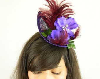 RESERVED Headpiece Feathered with Purple Blue Orchid, Feathers and Foliage Statement Piece Cocktail Party Hat Fairycore Burlesque Showgirl