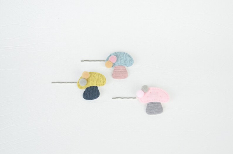 Hair Clip Set of 3 Cute Mushrooms in Pink, Blue, Yellow and Grey Headwear Young Fashion Hair Accessories Kawaii Childrens Fairy Woodland image 1