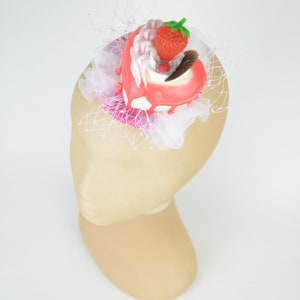 Fascinator Headpiece with Strawberry Cream Cake and White Veil Birthday Party Hat Cocktail Hair Clip Accessory Headwear Cute Kawaii Girls image 5