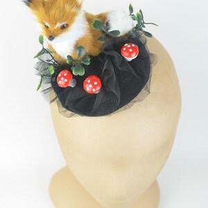 Headpiece Fascinator with Cute Fox, Bright Red Mushrooms & Black Tulle Veil Hair Clip Accessory Fun Kawaii Woodland Fairy Cocktail Hat image 4