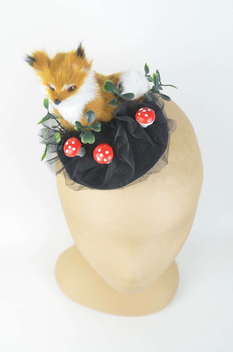 Headpiece Fascinator with Cute Fox, Bright Red Mushrooms & Black Tulle Veil Hair Clip Accessory Fun Kawaii Woodland Fairy Cocktail Hat image 4