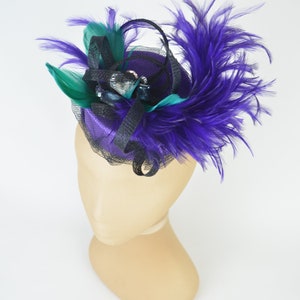 Pillbox Hat in Purple with Vintage Jewels, Emerald Feathers and Black Twirls and Veil Hen Night Occasion Headwear Gothic Burlesque Pin Up image 5