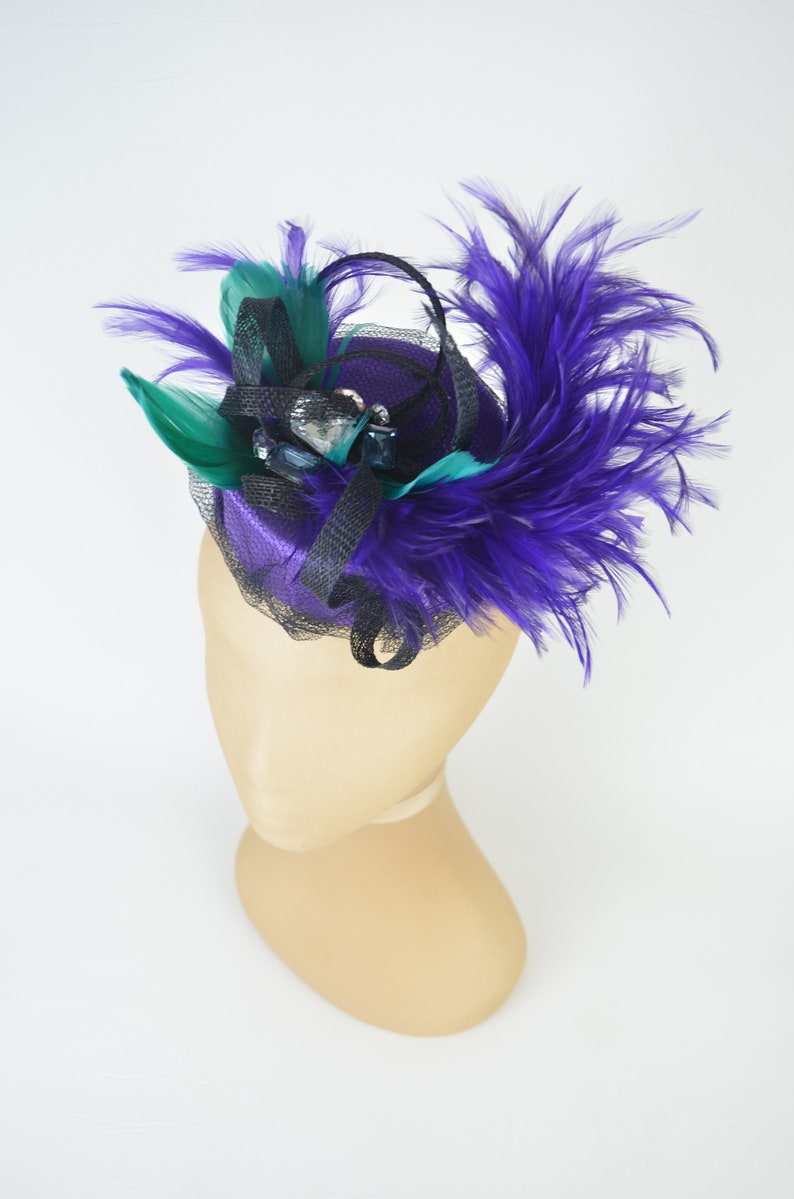 Pillbox Hat in Purple with Vintage Jewels, Emerald Feathers and Black Twirls and Veil Hen Night Occasion Headwear Gothic Burlesque Pin Up image 5