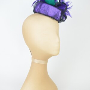 Pillbox Hat in Purple with Vintage Jewels, Emerald Feathers and Black Twirls and Veil Hen Night Occasion Headwear Gothic Burlesque Pin Up image 2