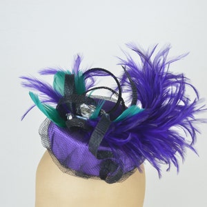 Pillbox Hat in Purple with Vintage Jewels, Emerald Feathers and Black Twirls and Veil Hen Night Occasion Headwear Gothic Burlesque Pin Up image 6