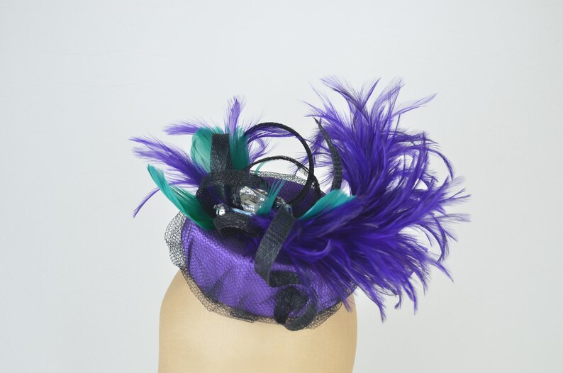 Pillbox Hat in Purple with Vintage Jewels, Emerald Feathers and Black Twirls and Veil Hen Night Occasion Headwear Gothic Burlesque Pin Up image 6