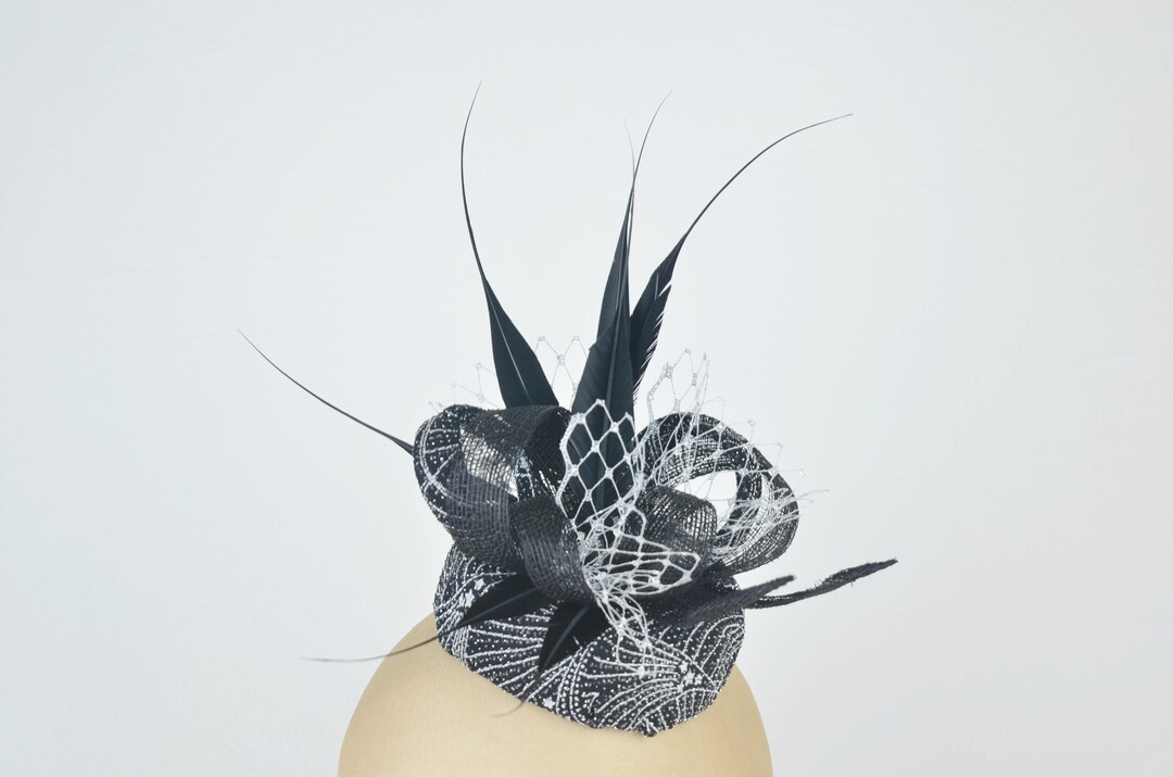 Pillbox Hat in Black & Silver With Statement Feathers and Sinamay