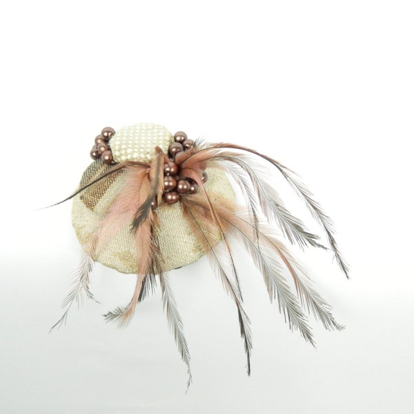 Pink, Beige and Brown Feathered Headpiece with Vintage Fabric and Beads