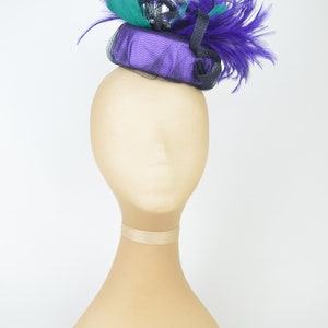 Pillbox Hat in Purple with Vintage Jewels, Emerald Feathers and Black Twirls and Veil Hen Night Occasion Headwear Gothic Burlesque Pin Up image 3