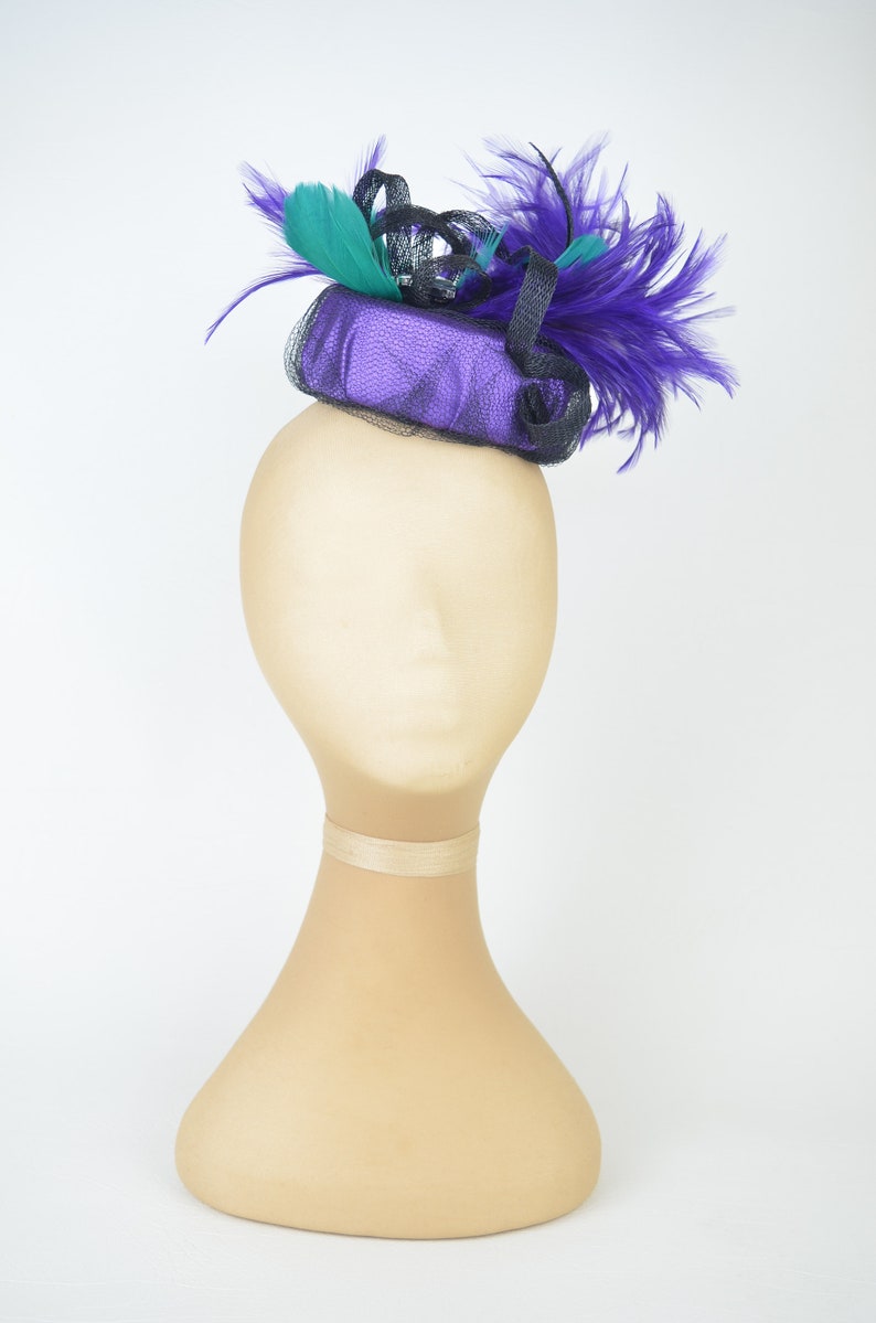 Pillbox Hat in Purple with Vintage Jewels, Emerald Feathers and Black Twirls and Veil Hen Night Occasion Headwear Gothic Burlesque Pin Up image 3