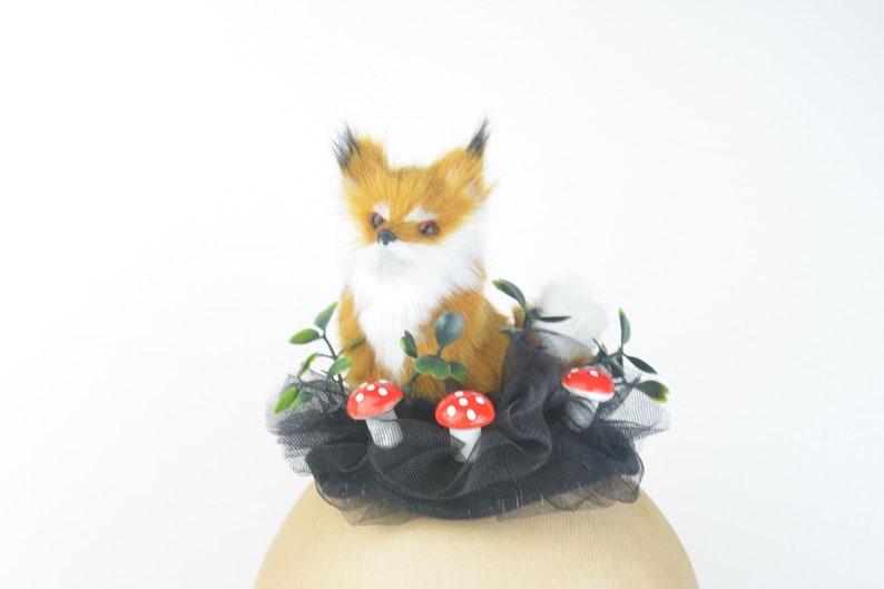 Headpiece Fascinator with Cute Fox, Bright Red Mushrooms & Black Tulle Veil Hair Clip Accessory Fun Kawaii Woodland Fairy Cocktail Hat image 1