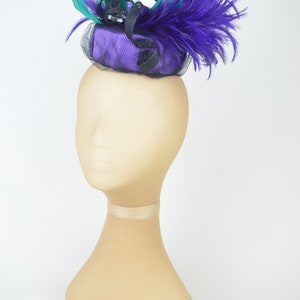 Pillbox Hat in Purple with Vintage Jewels, Emerald Feathers and Black Twirls and Veil Hen Night Occasion Headwear Gothic Burlesque Pin Up image 4