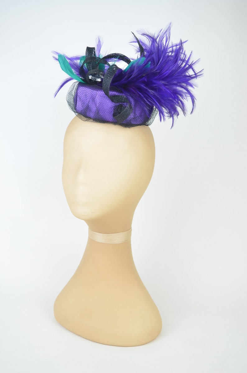 Pillbox Hat in Purple with Vintage Jewels, Emerald Feathers and Black Twirls and Veil Hen Night Occasion Headwear Gothic Burlesque Pin Up image 4