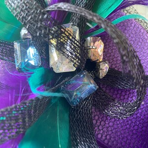 Pillbox Hat in Purple with Vintage Jewels, Emerald Feathers and Black Twirls and Veil Hen Night Occasion Headwear Gothic Burlesque Pin Up image 7