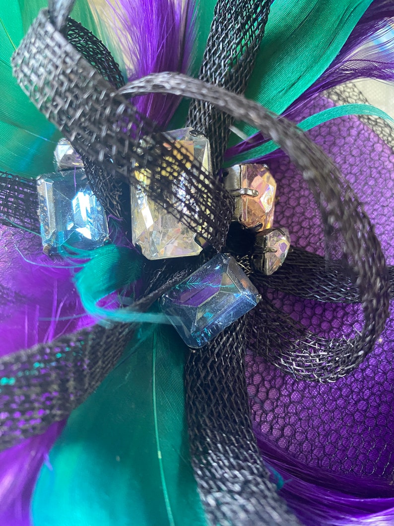 Pillbox Hat in Purple with Vintage Jewels, Emerald Feathers and Black Twirls and Veil Hen Night Occasion Headwear Gothic Burlesque Pin Up image 7