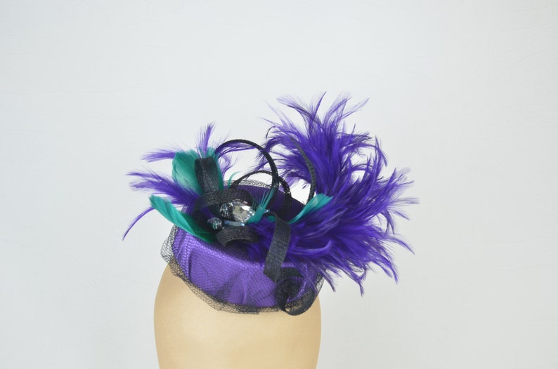 Pillbox Hat in Purple with Vintage Jewels, Emerald Feathers and Black Twirls and Veil Hen Night Occasion Headwear Gothic Burlesque Pin Up image 1