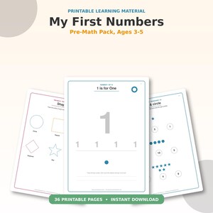 Può includere: Un set di materiali didattici stampabili intitolato My First Numbers Pre-Math Pack, Ages 3-5. Le pagine presentano esercizi educativi tra cui tracciare il numero uno, identificare forme geometriche e contare le stelle.
