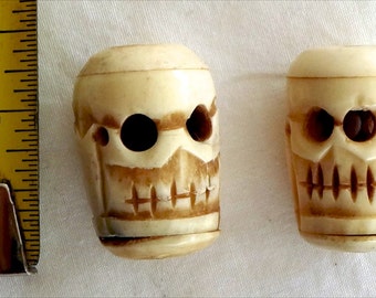 2 Vintage Large Hand Carved Bone Skull Beads