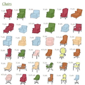 May include: A collection of 24 different chairs in various styles and colors, with measurements in yards indicated for each chair.