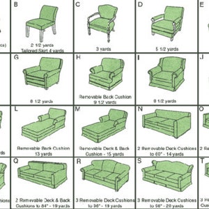 May include: A diagram showcasing various furniture pieces, including chairs, ottomans, and sofas, each in a green hue. Measurements in yards are provided for each item, with some also including dimensions like 22" x 22".