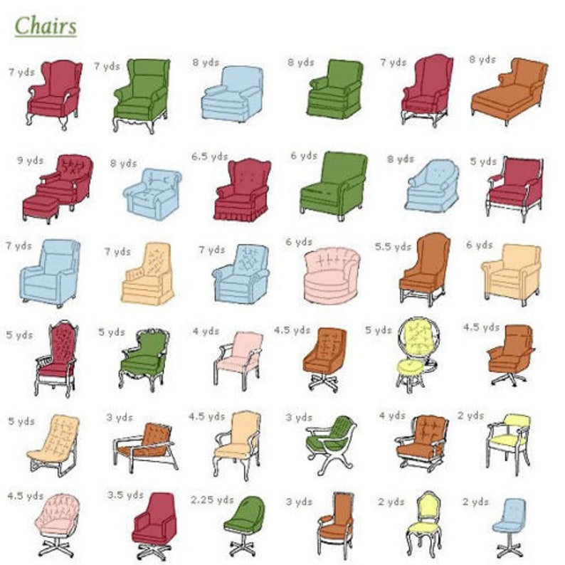 May include: A collection of various chair designs in a line drawing style. The chairs are in different colors, including red, green, blue, and yellow. The word "Chairs" is at the top of the image.