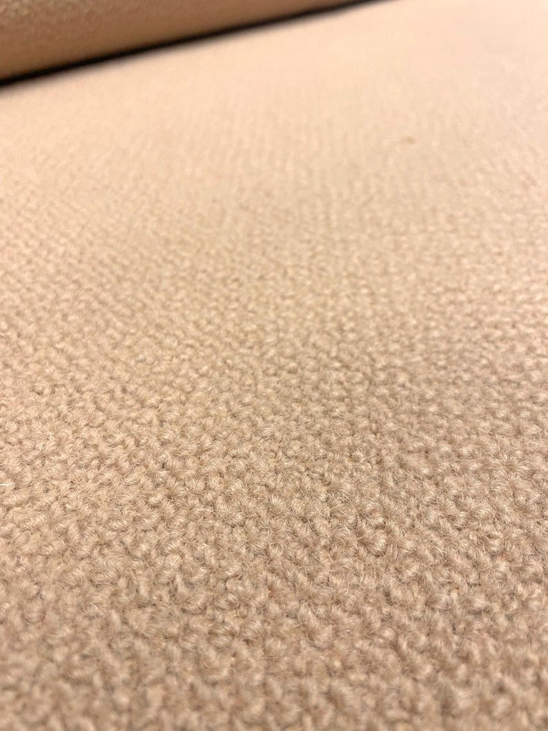 May include: Close-up of a beige fabric with a textured, looped surface. The material has a soft, plush appearance, with a subtle sheen. The fabric is likely used for upholstery or home decor.