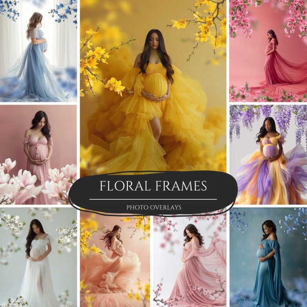 Spring Floral Frame Overlays for Composite Photography, Maternity Backdrop Overlays, Blurred Flower Branch PNG Overlays