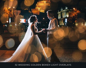 32 Wedding Golden Bokeh Light Overlays, Digital Backdrop, Digital Download