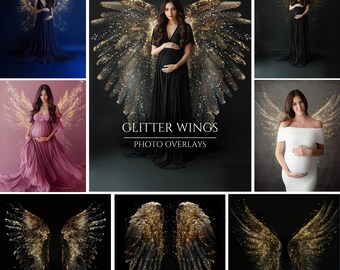 40 Gold Glitter Wings Maternity Photoshop Overlays Effect for Composite Photography, Studio Backdrop Overlays