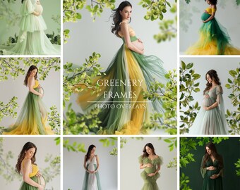 Greenery Floral Frame Overlays for Composite Photography, Maternity Backdrop Overlays, Blurred Flower Branch PNG Overlays