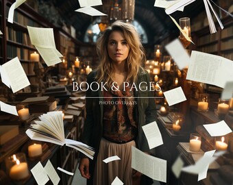 Book and Flying Pages Photoshop Overlays for Composite Photography Vintage Book Pages PNG Overlays